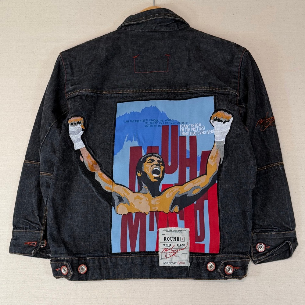 Vintage Platinum FUBU Muhammad Ali Denim Jacket Black Limited Edition Small y2k